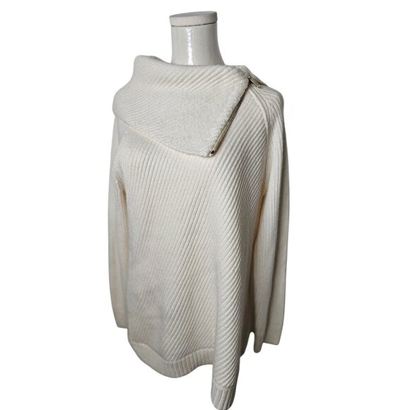 Talbots Large Petite Ribbed Sweater Ivory Asymmetric Side Zip Split Neck NWOT - Picture 2 of 11